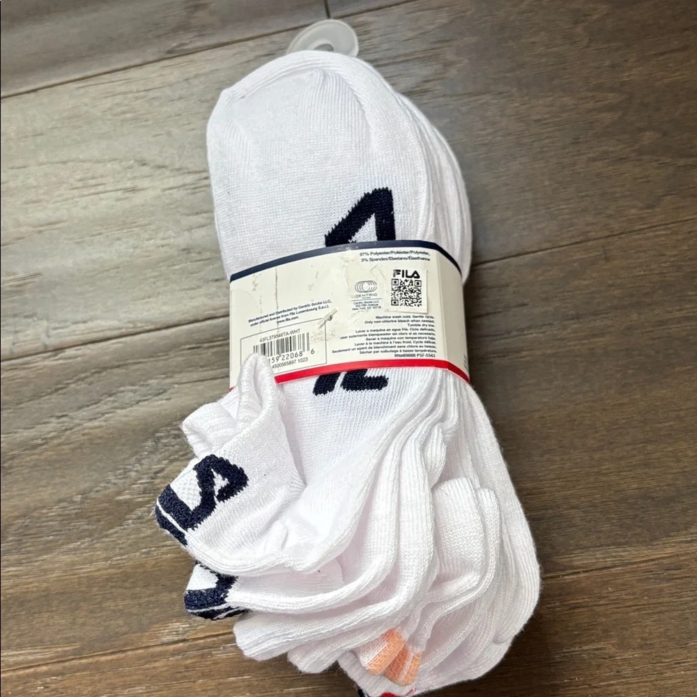 FILA  10 pack no-show ankle socks, 97% polyester, 3% spandex, logo sole & back